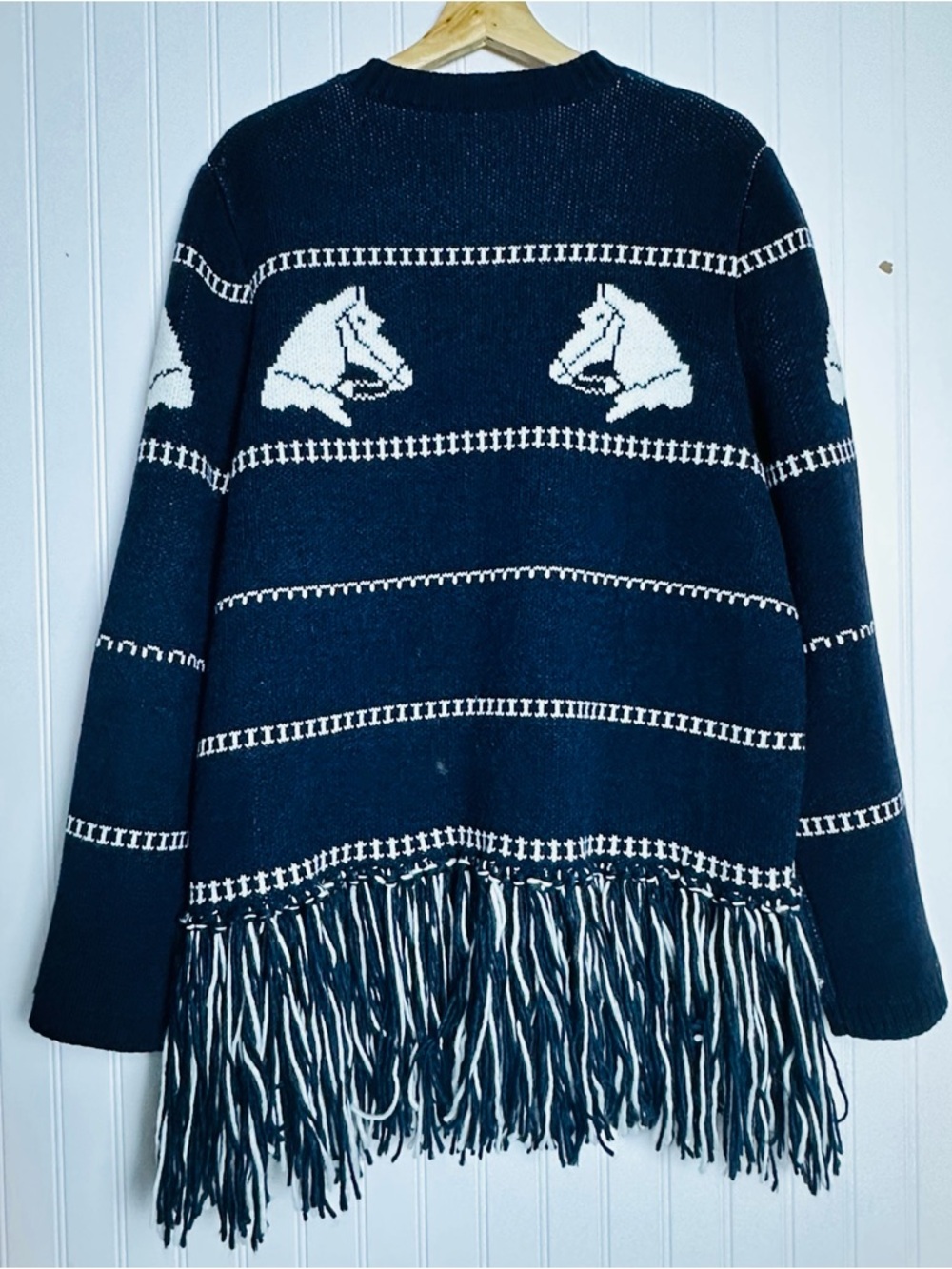 COMMENSE Horse-Pattern Wool Blend Fringe Cardigan XL - Picture 16 of 16